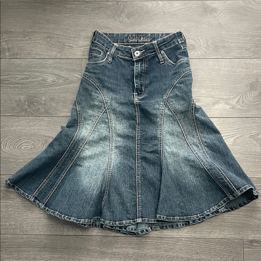 Vintage Black Suki jeans Y2K Long Denim Jean Skirt  Fit Flare Western 2000s